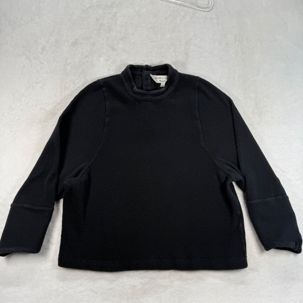 Texture & Thread Madewell Ribbed Mock Neck Long Sleeve Top Black Cotton Blend L‎